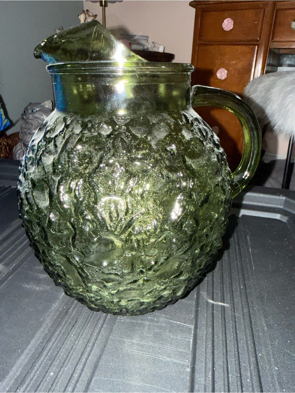 Vintage Textured Green Glass Pitcher